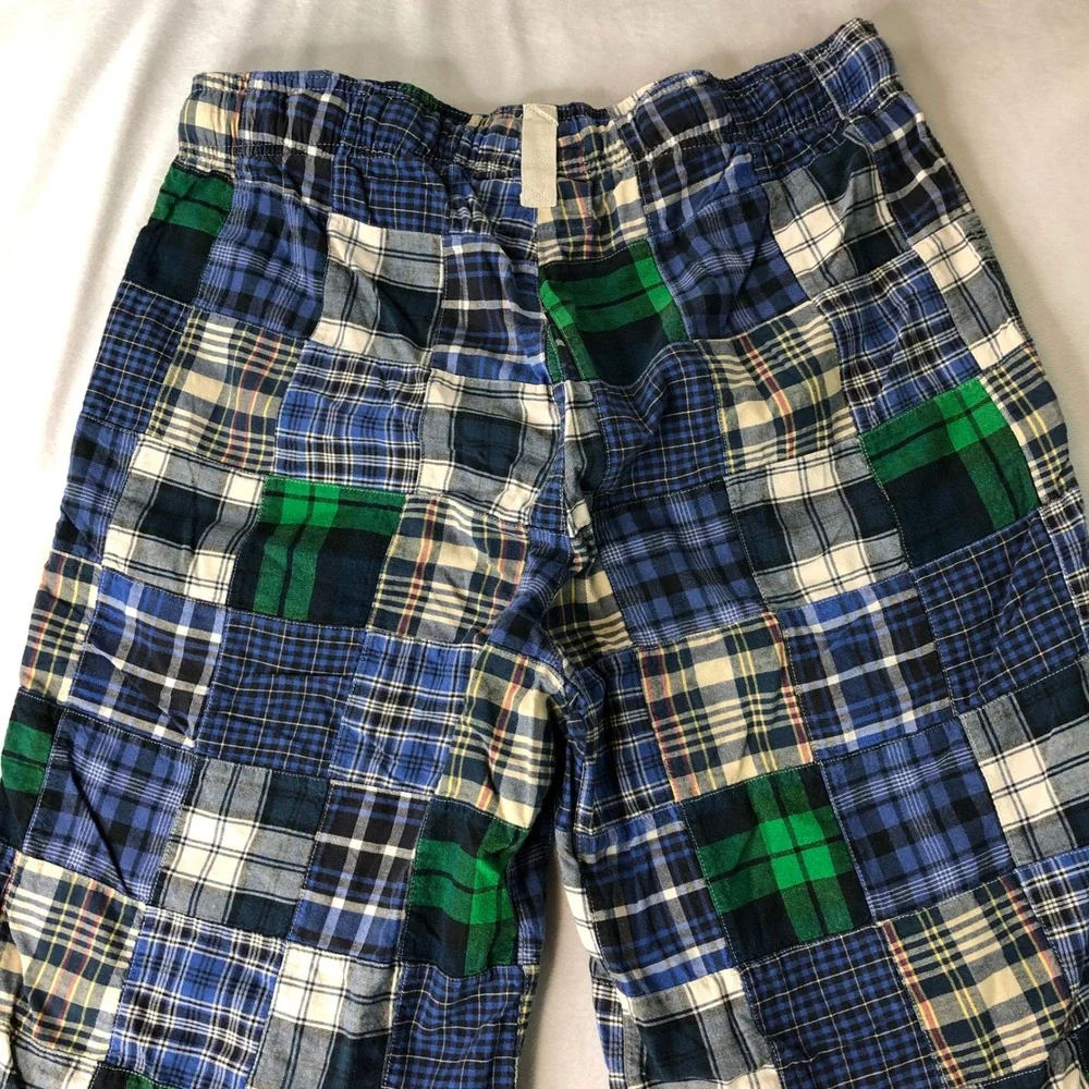 American Eagle Dorm Patchwork Plaid Shorts Mens Medium Blue Madras Longer Length